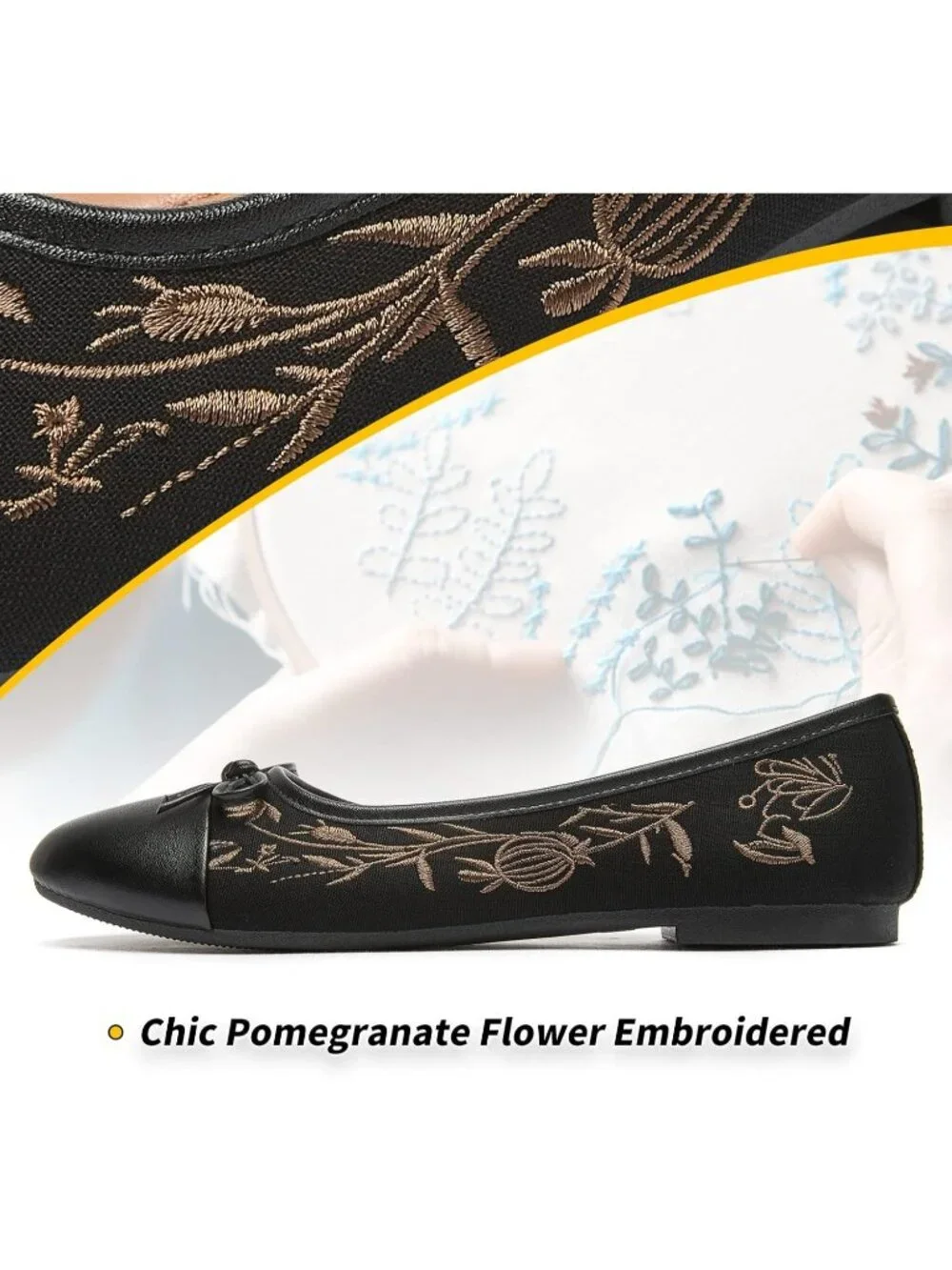 Women's Black Flats Shoes with Pomegranate Embroidery with Bow Comfortable
